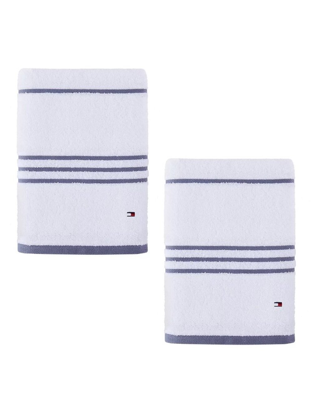 2 new Tommy Hilfiger American 90% Cotton BATH Towels WHITE w/ GRAY STRIPE
